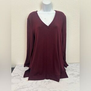 Lucky Brand V-Neck Long Sleeves Pullover Light Sweater Wine Women's Sz L Tunic